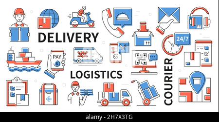 Delivery and logistics - colorful line design style banner. A long way by ship, plane, car or courier, the best route with minimal costs. Transportati Stock Vector