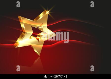 Golden star prize concept, 3D gold logo icon with light effect, vector illustration isolated on dark red background Stock Vector