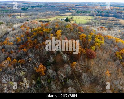 Aerial photograph of Dundee Mountain on an overcast autumn morning. Dundee, Wisconsin, USA. Stock Photo