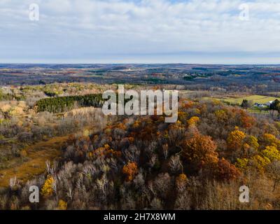 Aerial photograph of Dundee Mountain on an overcast autumn morning. Dundee, Wisconsin, USA. Stock Photo