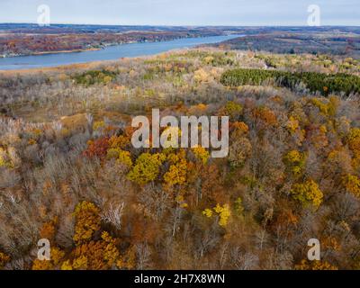 Aerial photograph of Dundee Mountain on an overcast autumn morning, with Long Lake in the distance. Dundee, Wisconsin, USA. Stock Photo