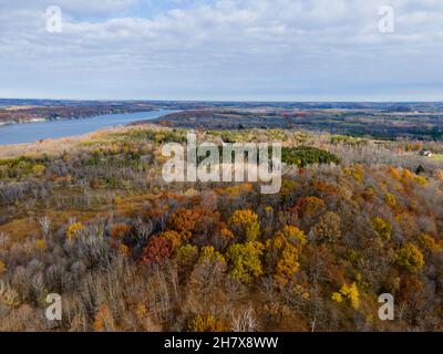 Aerial photograph of Dundee Mountain on an overcast autumn morning, with Long Lake in the distance. Dundee, Wisconsin, USA. Stock Photo