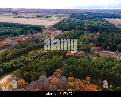 Aerial photograph of public and private lands around the Kettle Moraine State Forest, near Greenbush Kettle, a glacial kettle or pond, on an overcast Stock Photo