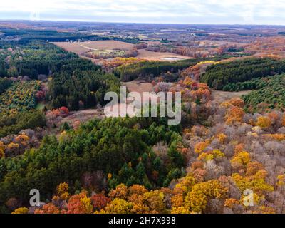 Aerial photograph of public and private lands around the Kettle Moraine State Forest, near Greenbush Kettle, a glacial kettle or pond, on an overcast Stock Photo