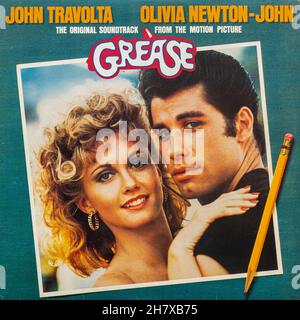 Grease album, with John Travolta and Olivia Newton-John, soundtrack of the musical film, 1978 vinyl LP record cover Stock Photo