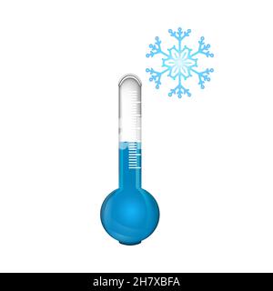 Blue thermometer with snowflake. Cool temperature and snow symbol. Weather forecast icon. Chill snowy day emblem. Thermometer for winter season.Vector Stock Vector