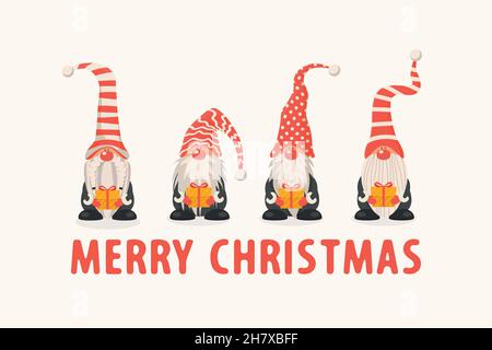 Merry Christmas Greeting Card. Vector Christmas Cute Gnome with Caps Set in Flat Style Isolated. Design Template for Merry Christmas and Happy New Stock Vector