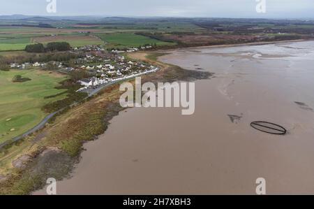 An aerial view of the famous Victorian swimming pool which fills at high tide located on the beach at Powfoot, Dumfries and Galloway, Scotland. Stock Photo