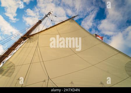 the sail on a historic  gaff-rigged 'Friendship' sloop Stock Photo