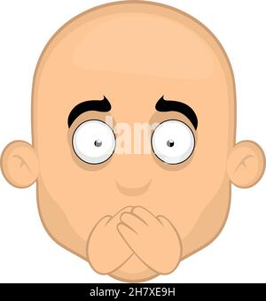 Vector emoticon illustration of the face of a cartoon bald man covering his mouth with his hands in the concept of silence or secrecy Stock Vector