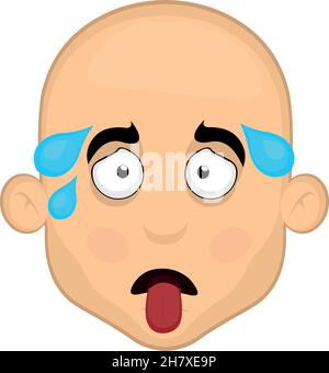 Vector illustration of the face of an exhausted cartoon bald man, with his tongue sticking out and droplets of sweat Stock Vector