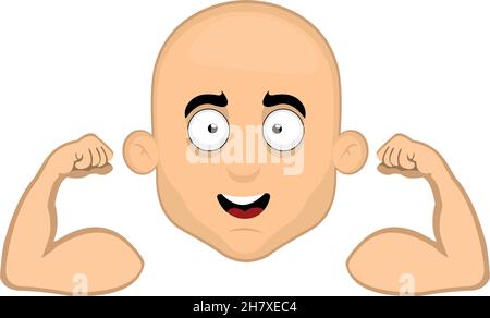 Vector emoticon illustration of a cartoon man's face flexing his arms and contracting his biceps Stock Vector