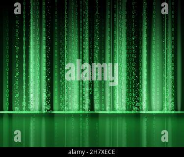 Technology Binary abstract background, matrix style, green color, falling numbers. Digital binary data flow dust on screen. Programming concept Stock Vector