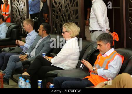 Members of a EU delegation visit a desalination plant funded by the EU, in Deir al-Balah, in the central Gaza Strip, on November 24, 2021. Stock Photo