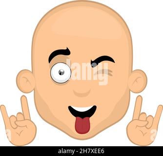 Vector illustration of the face of a cartoon bald man, making with his hands the classic heavy metal gesture, winking and with his tongue out Stock Vector
