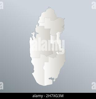 Qatar map, administrative division, blue white card paper 3D, blank Stock Photo