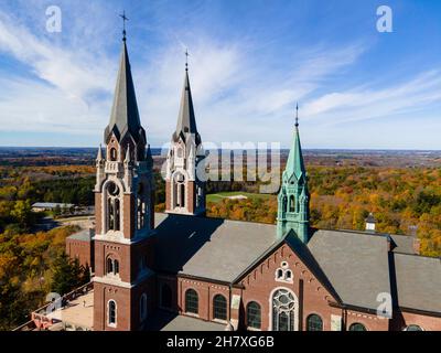 Aerial view of Holy Hill Basilica and National Shrine of Mary, on a beautiful autumn day. Near Hubertus, Washington County, Wisconsin, USA. Stock Photo