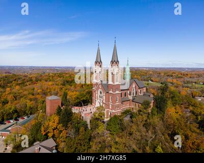 Aerial view of Holy Hill Basilica and National Shrine of Mary, on a beautiful autumn day. Near Hubertus, Washington County, Wisconsin, USA. Stock Photo