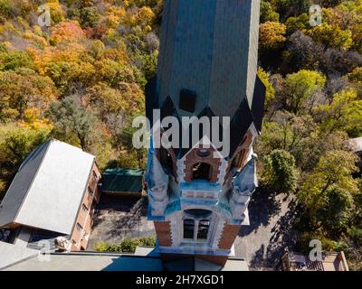 Aerial view of Holy Hill Basilica and National Shrine of Mary, on a beautiful autumn day. Near Hubertus, Washington County, Wisconsin, USA. Stock Photo