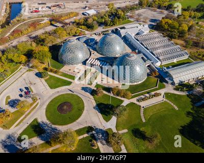 Aerial view of Mitchell Park Domes botanical garden; Milwaukee, Wisconsin, USA. Stock Photo