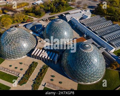 Aerial view of Mitchell Park Domes botanical garden; Milwaukee, Wisconsin, USA. Stock Photo