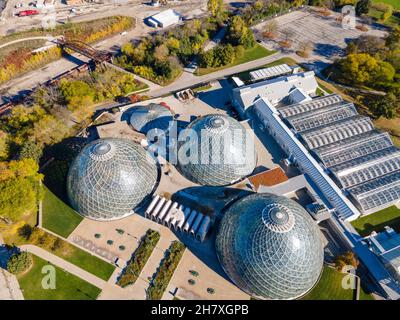 Aerial view of Mitchell Park Domes botanical garden; Milwaukee, Wisconsin, USA. Stock Photo