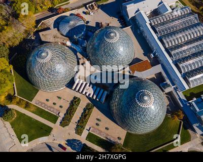 Aerial view of Mitchell Park Domes botanical garden; Milwaukee, Wisconsin, USA. Stock Photo