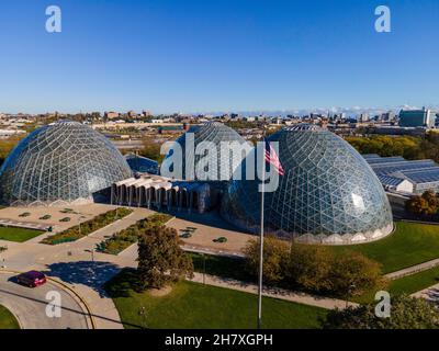 Aerial view of Mitchell Park Domes botanical garden; Milwaukee, Wisconsin, USA. Stock Photo