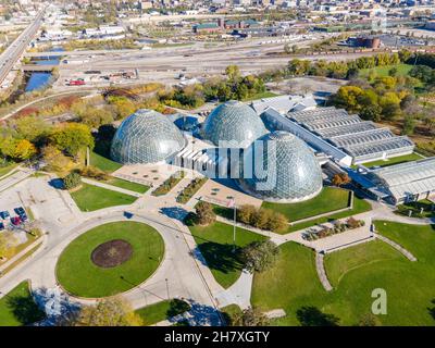 Aerial view of Mitchell Park Domes botanical garden; Milwaukee, Wisconsin, USA. Stock Photo