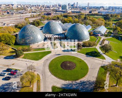 Aerial view of Mitchell Park Domes botanical garden; Milwaukee, Wisconsin, USA. Stock Photo