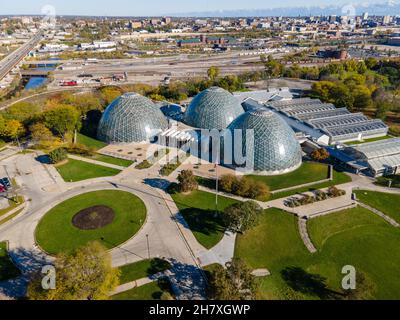 Aerial view of Mitchell Park Domes botanical garden; Milwaukee, Wisconsin, USA. Stock Photo