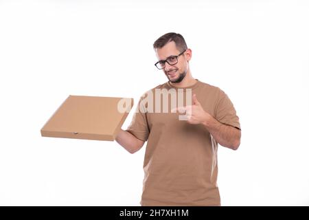 Man Holding Pizza. Man Pointing at Pizza Box. Pizza Commercial. Man with Pizza in Hands Isolated Stock Photo