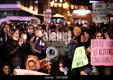 Ankara, Turkey. 25th Nov, 2021. Protesters chant slogans while holding placards expressing their opinion during the demonstration. Women in many cities of Turkey took part during the International Day for the Elimination of Violence against Women. (Photo by Tunahan Turhan/SOPA Images/Sipa USA) Credit: Sipa USA/Alamy Live News Stock Photo