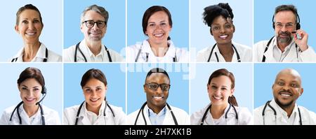 Diverse Doctor Faces Photo Collage. Multiethnic Group Stock Photo