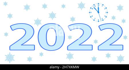 Illustration of 2022 New Year number, clock and snowflakes Stock Vector