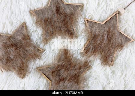 Christmas and New year concept. Christmas decorations on fluffy white background. Holiday festive celebration greeting card. Flat lay. Stock Photo