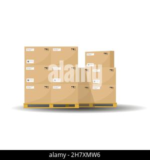 Cardboard boxes on a wooden pallet. Warehouse storage, logistics, transportation. Flat vector illustration. Stock Vector
