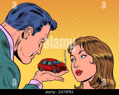 A man blames a woman for a car accident. Insurance agent. A red car crashed in an accident. Passenger transport. Danger on the road Stock Vector