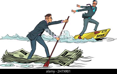 Businessmen are sailing. Competition of cash and electronic money on a plastic card Stock Vector