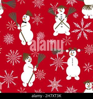 pattern funny snowmen with brooms Stock Vector