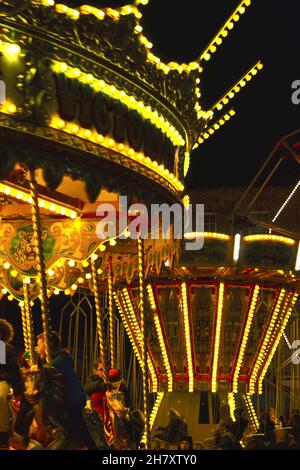 Teesside, UK. 25th Nov, 2021. Stockton Sparkles 2021, Stockton-on-Tees, Teesside, UK. People enjoying the traditional Victorian Fairground. Thousands of people, young and old, turned out to see the annual Christmas Lights switch on at Stockton-on-Tees. Credit: Teesside Snapper/Alamy Live News. Credit: James Hind/Alamy Live News Stock Photo