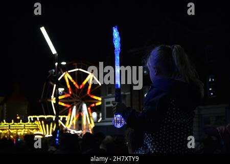Teesside, UK. 25th Nov, 2021. Stockton Sparkles 2021, Stockton-on-Tees, Teesside, UK. Amelia aged 4 among the thousands of people, young and old, turned out to see the annual Christmas Lights switch on at Stockton-on-Tees. . After the lights were switched on by the Mayor, families were entertained by local community singing and music groups. Credit: Teesside Snapper/Alamy Live News. Credit: James Hind/Alamy Live News Stock Photo