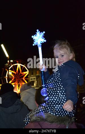 Teesside, UK. 25th Nov, 2021. Stockton Sparkles 2021, Stockton-on-Tees, Teesside, UK. Amelia aged 4 among the thousands of people, young and old, who turned out to see the annual Christmas Lights switch on at Stockton-on-Tees. After the lights were switched on by the Mayor, families were entertained by local community singing and music groups. Credit: Teesside Snapper/Alamy Live News. Credit: James Hind/Alamy Live News Stock Photo