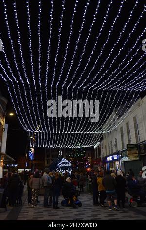 Teesside, UK. 25th Nov, 2021. Stockton Sparkles 2021, Stockton-on-Tees, Teesside, UK. Image showing some of the 2021 Christmas light installations as thousands of people, young and old, turned out to see the annual Christmas Lights switch on at Stockton-on-Tees. This came after last year's event was cancelled due to the Covid19 pandemic. Families were entertained by local community singing and music groups. Credit: Teesside Snapper/Alamy Live News. Credit: James Hind/Alamy Live News Stock Photo