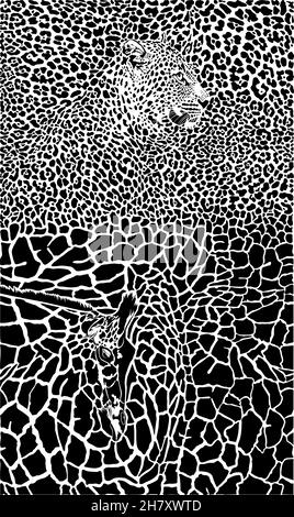 Leopard and Giraffe black and white background Stock Vector