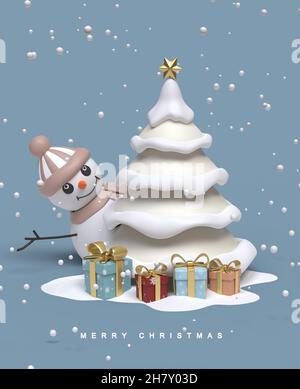 Christmas greeting card with snowman. 3d image Stock Photo