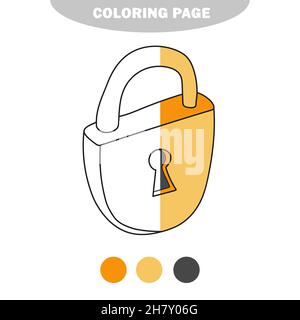 Simple coloring page. Metal Lock to be colored, the coloring book for preschool kids with easy gaming level. Half painted picture with color samples Stock Vector