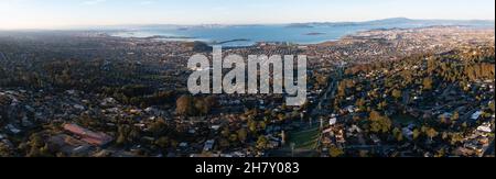 Early morning light shines on the populated San Francisco Bay Area in Northern California. This populous region is home to millions of people. Stock Photo