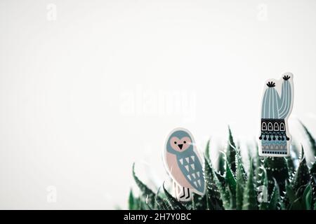 Cute colorfull little thing on houseplant,ln real room interior, plants and succulents, nice background Stock Photo