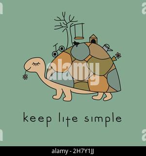 Turtle and hand drawn text Keep Life Simple on green background. Slow life vector illustration. Stock Vector